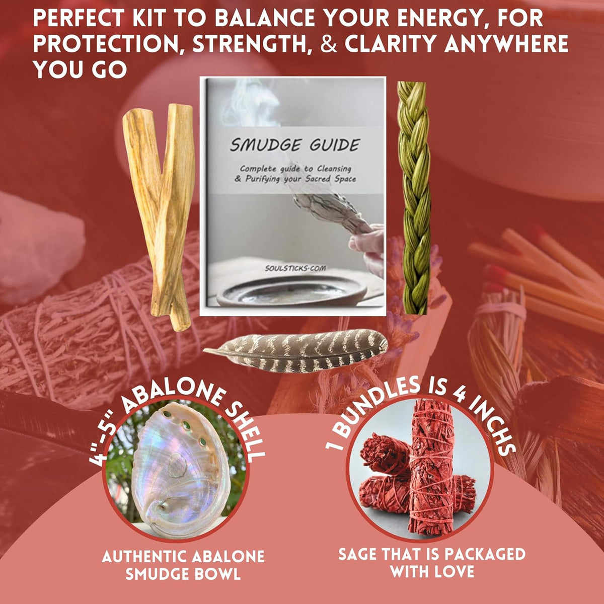 Healer's Smudge Kit with dragon's blood sage, palo santo and sweetgrass, photo 2 of 7