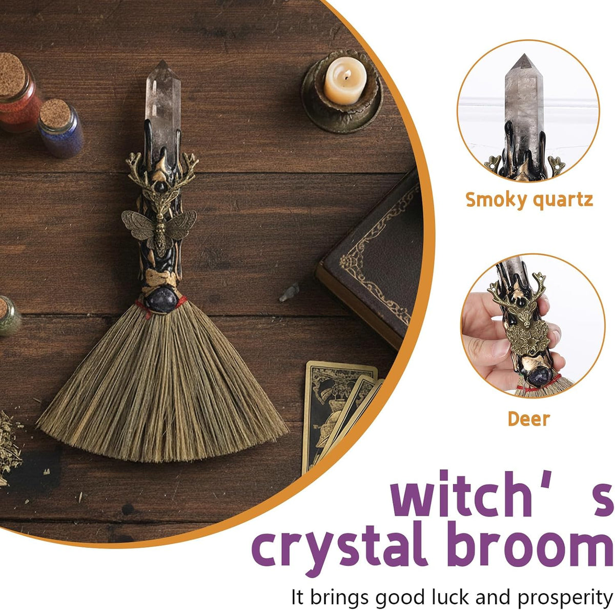 Smoky Quartz & Deer Altar Besom: Mini Ritual Broom