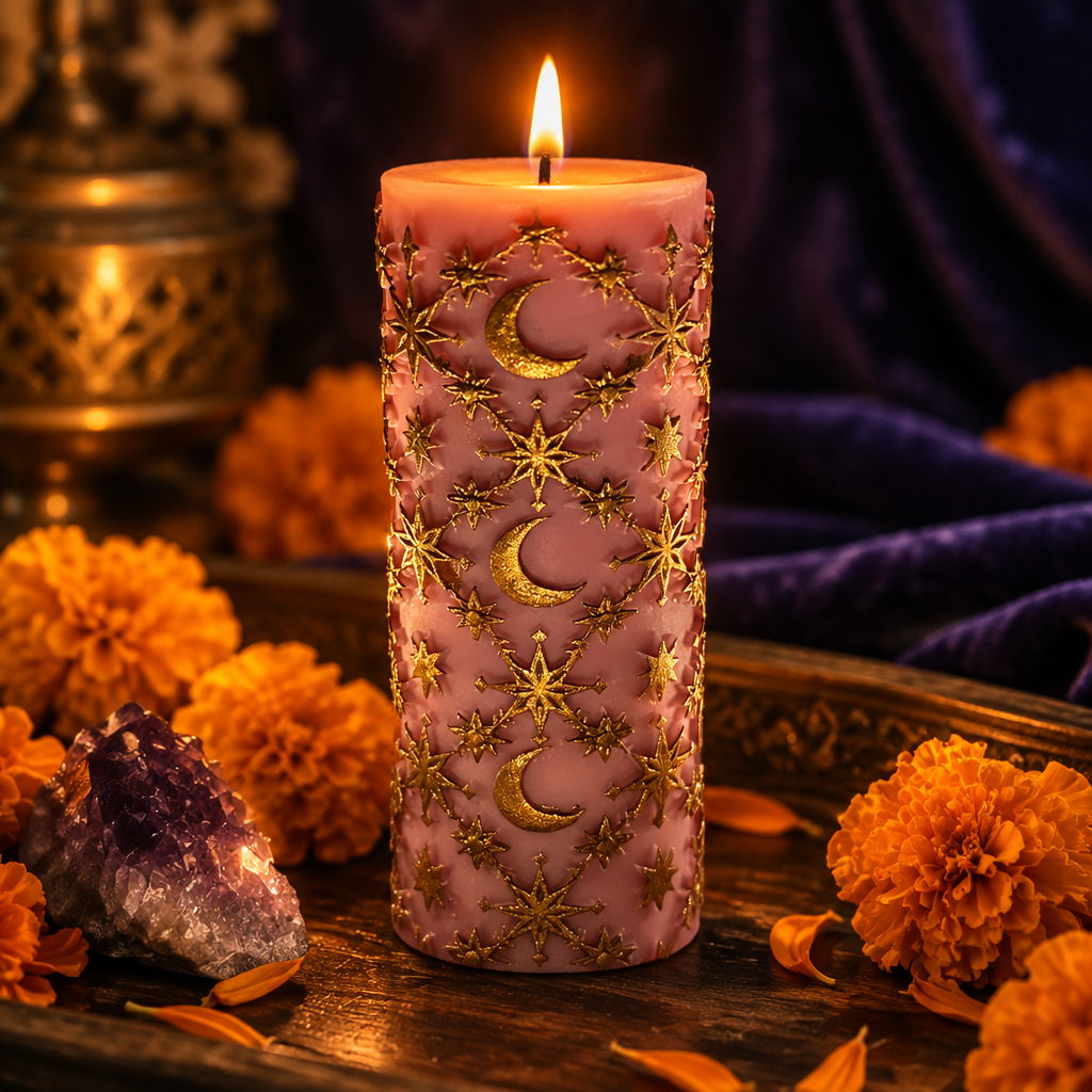 Pink moon and stars pillar candle glowing in golden candlelight beside fresh marigolds