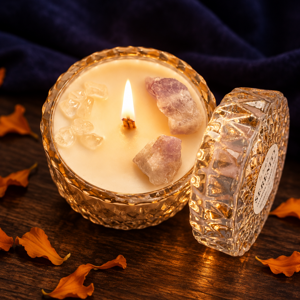 Crystal intention candle in a glass jar, lit on a dark wooden altar with orange marigold petals