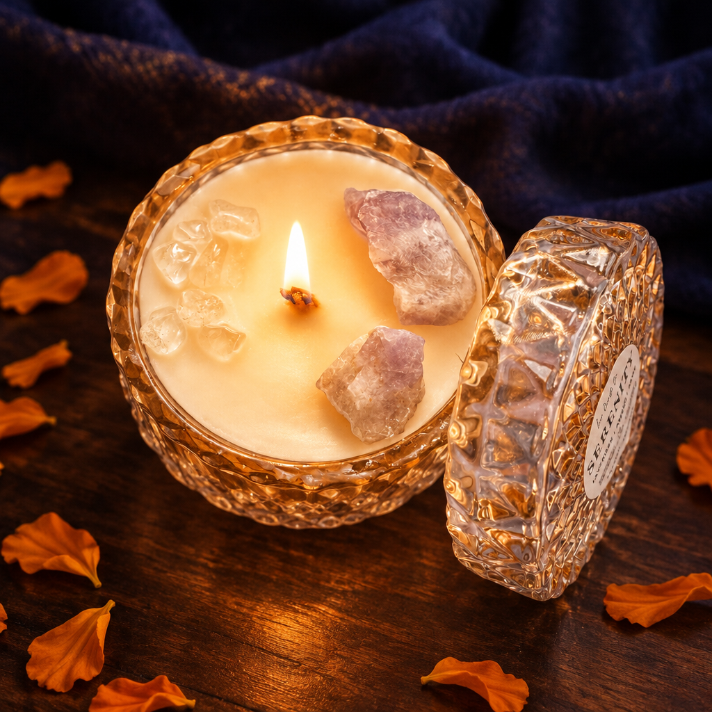 Crystal intention candle glowing in warm candlelight against deep indigo fabric