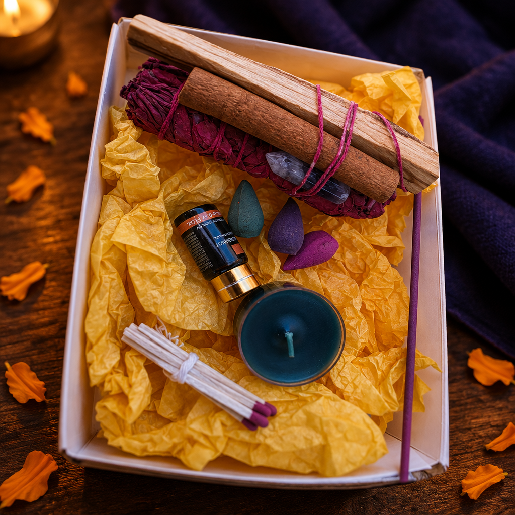 Dragon's Blood cleansing gift box styled with marigold petals in warm golden light