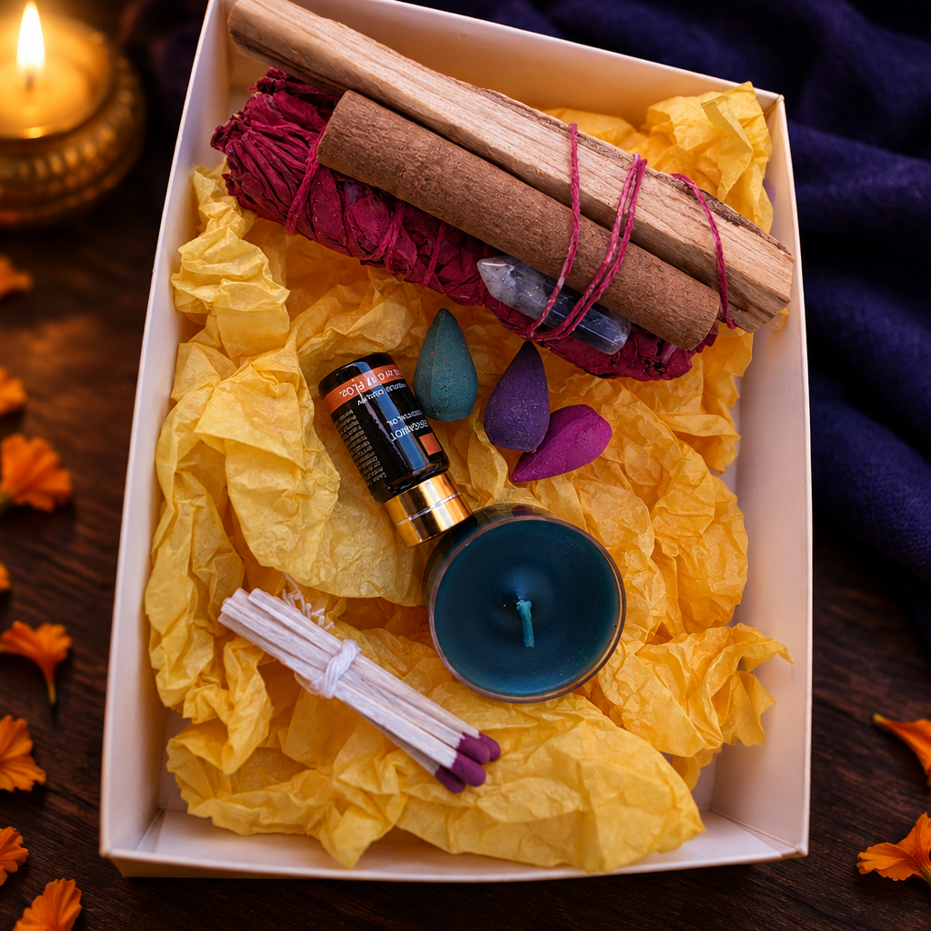 Dragon's Blood Cleansing Ritual Gift Box with all included items on a dark wooden surface in candlelight
