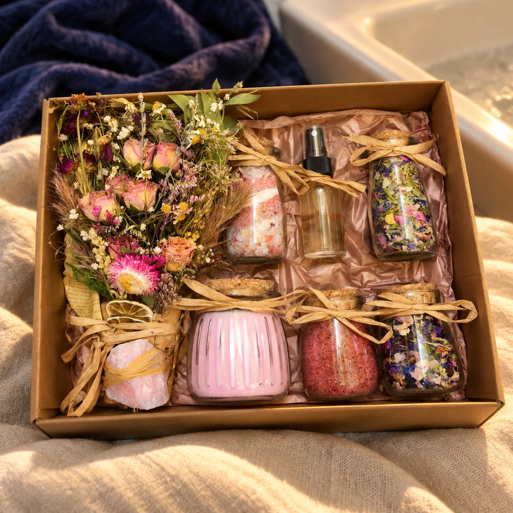 Self-Love Ritual Bath Kit styled in warm golden light with deep indigo fabric