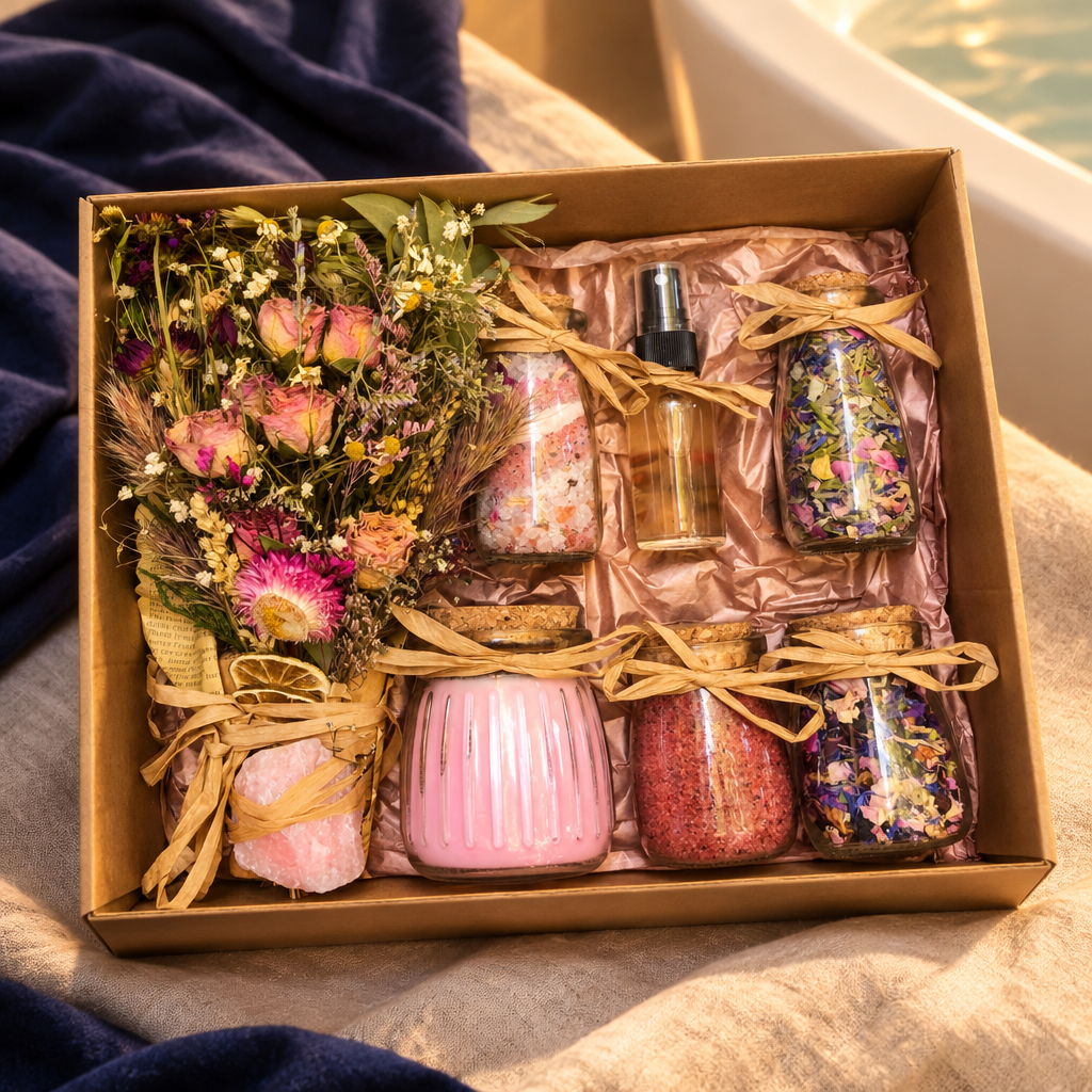 Self-Love Ritual Bath Kit with rose quartz and all included items on a linen surface by a bathtub