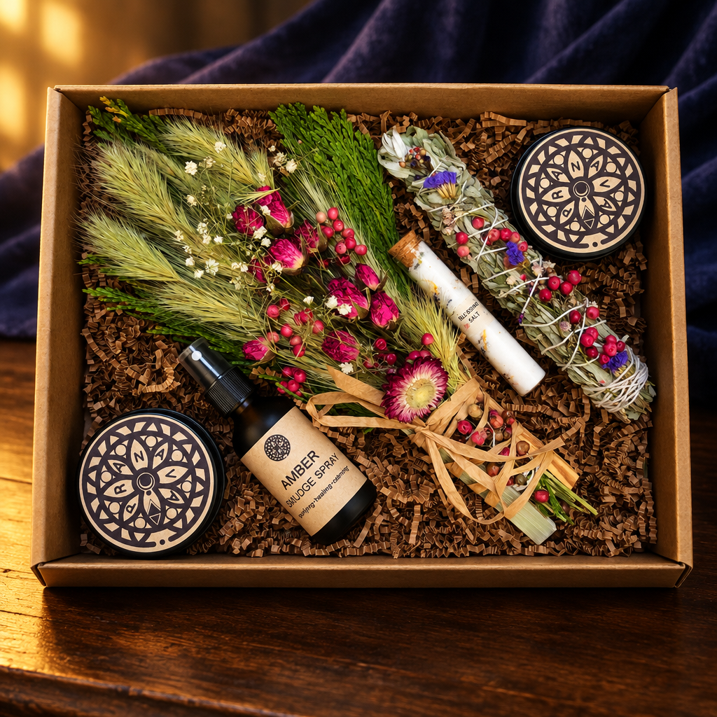 House Blessing & Cleansing Ritual Kit with all included items on a dark wooden entryway table