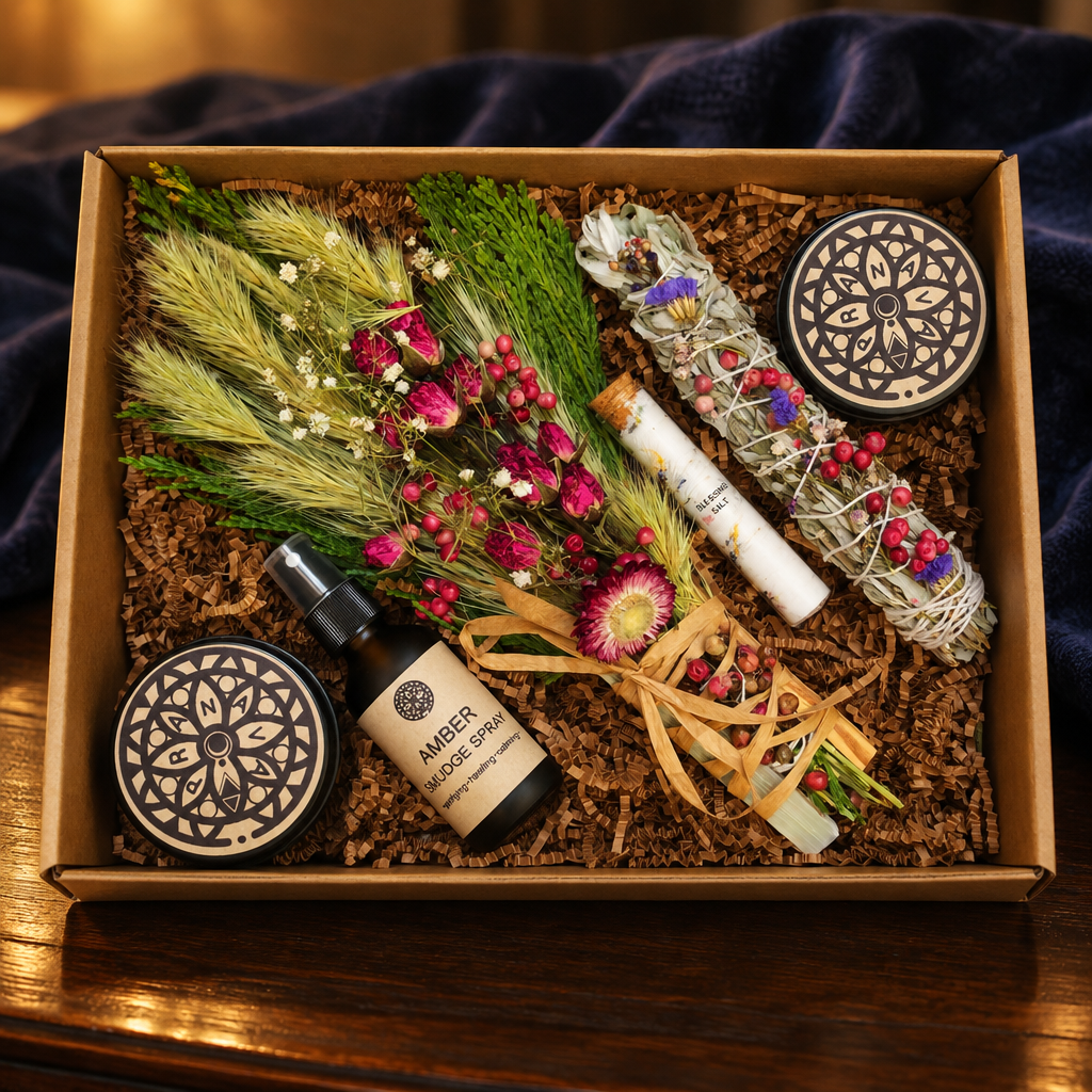 House Blessing & Cleansing Ritual Kit in warm golden light against deep indigo fabric