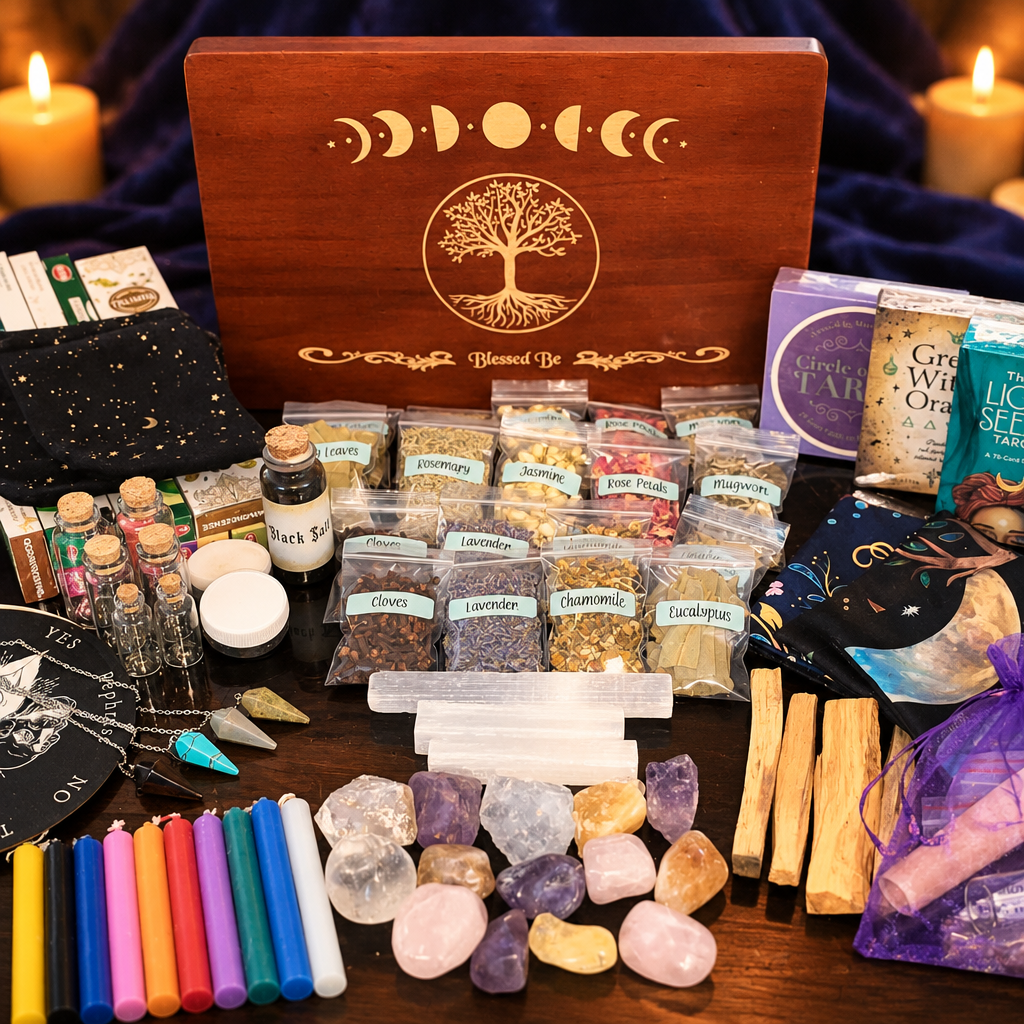 Beginner Altar Kit with candles, crystals, herbs, and altar cloth on a dark wooden table