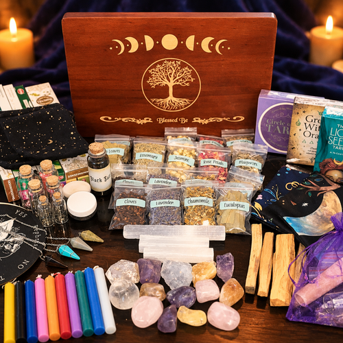 Beginner Altar Kit with candles, crystals, herbs, and altar cloth on a dark wooden table