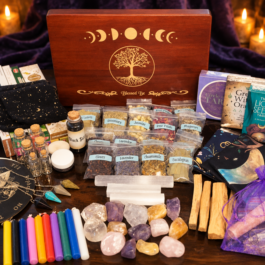 Beginner Altar Kit styled in warm candlelight against deep indigo fabric