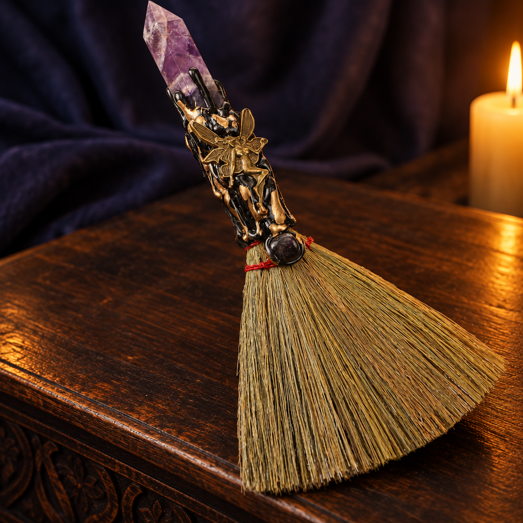 Amethyst altar besom against deep indigo fabric in golden light