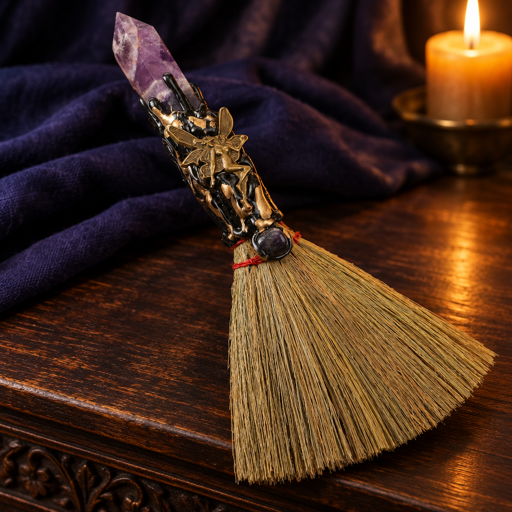 Amethyst altar besom resting across a dark wooden altar in warm candlelight