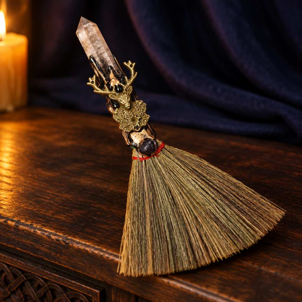 Smoky quartz and deer altar besom resting across a dark wooden altar in warm candlelight