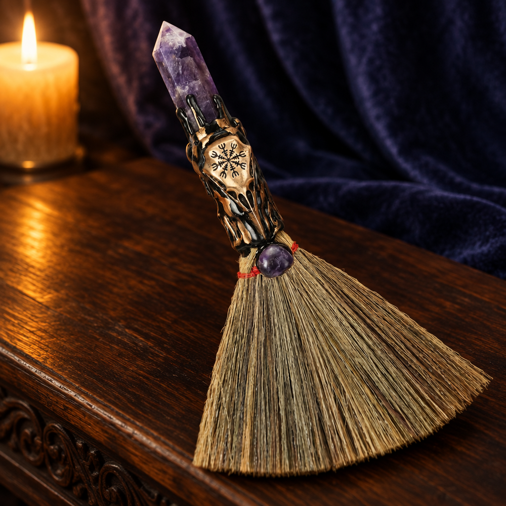 Lepidolite and raven altar besom against deep indigo fabric in golden light