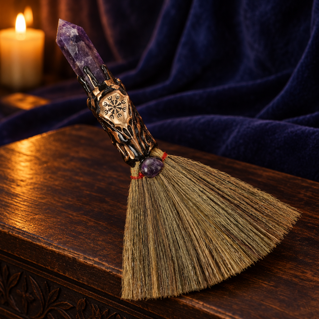 Lepidolite and raven altar besom resting across a dark wooden altar in warm candlelight