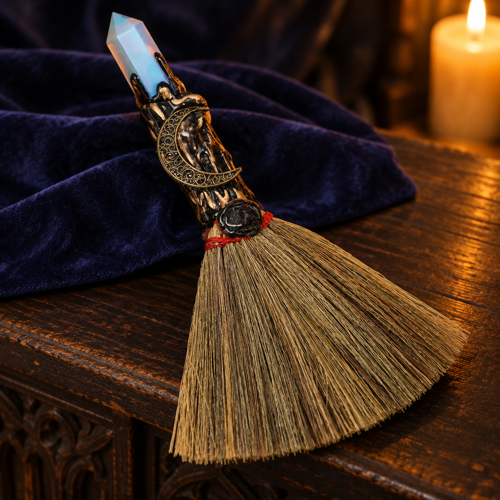 Opal moon altar besom resting across a dark wooden altar in warm candlelight