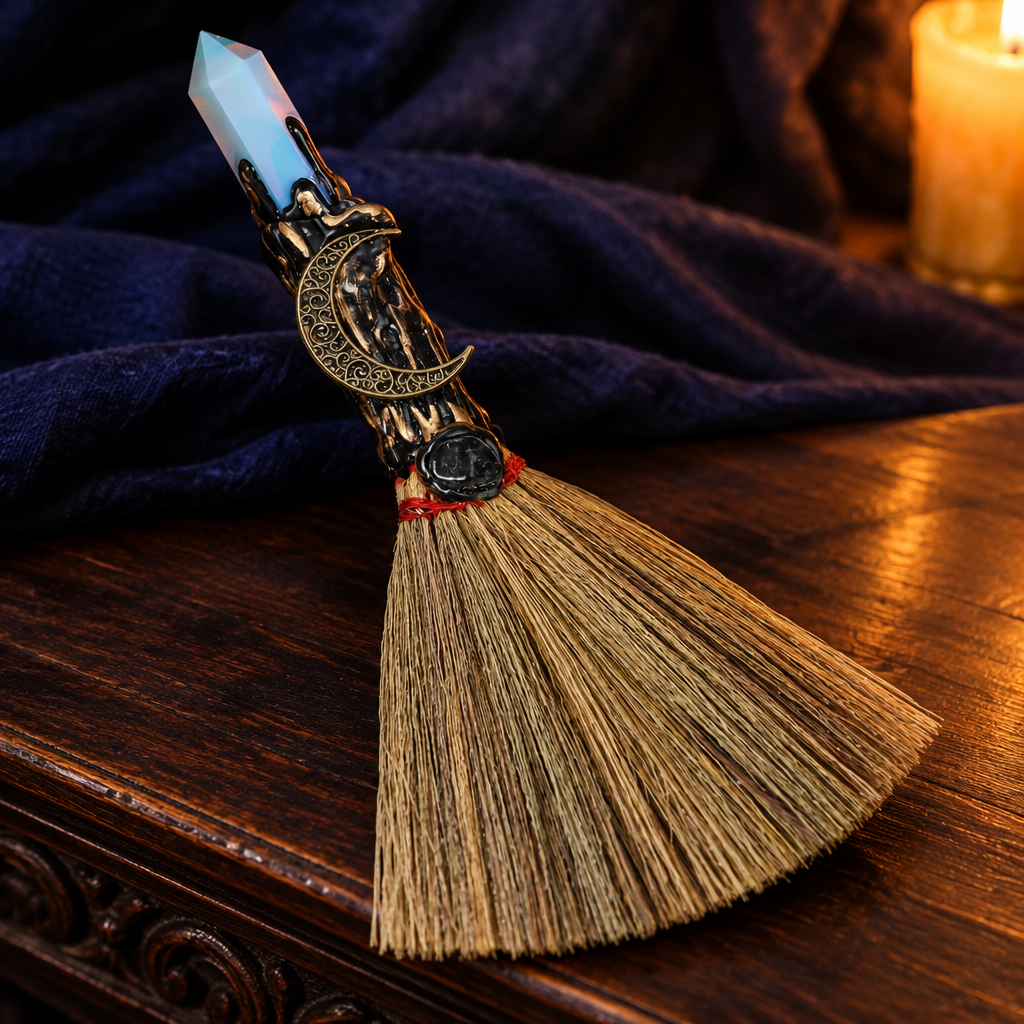 Opal moon altar besom against deep indigo fabric in golden light