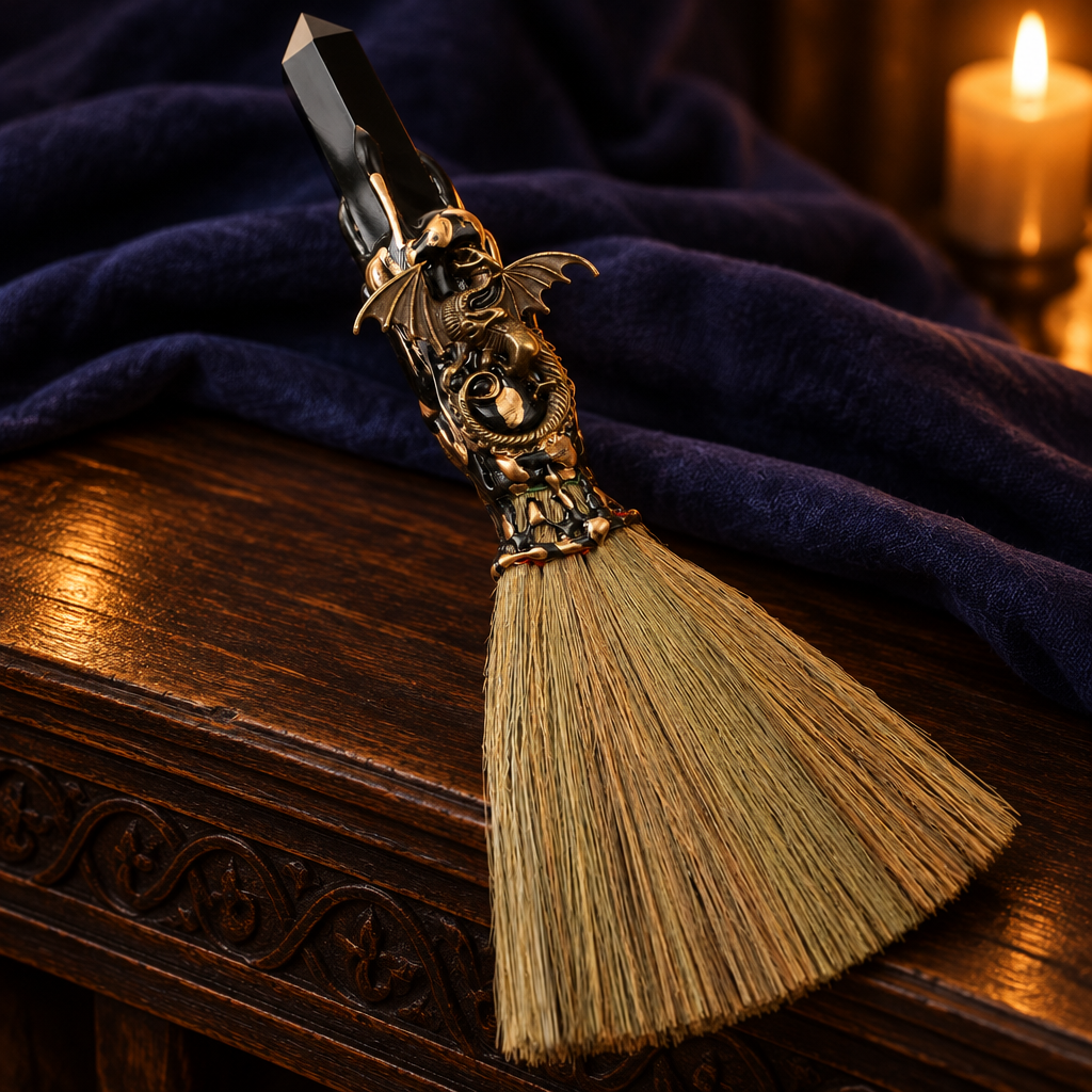 Black obsidian altar besom against deep indigo fabric in golden light