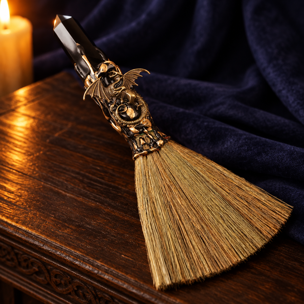 Black obsidian altar besom resting across a dark wooden altar in warm candlelight