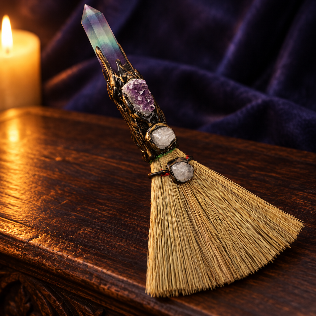 Fluorite altar besom resting across a dark wooden altar in warm candlelight