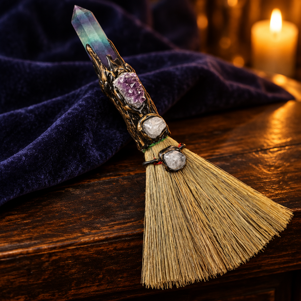 Fluorite altar besom against deep indigo fabric in golden light