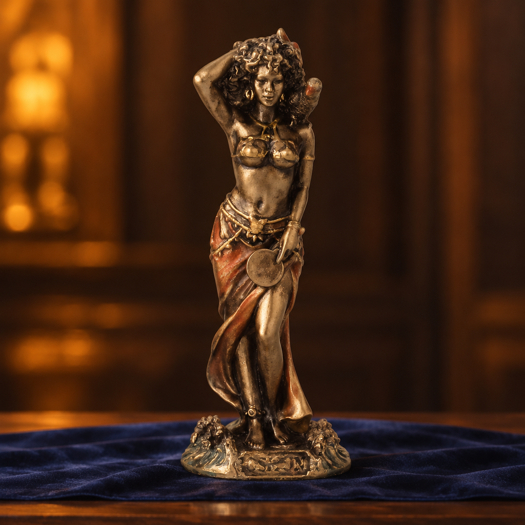 Oshun mini orisha statue with a hand-painted bronze finish on a dark wooden altar in candlelight