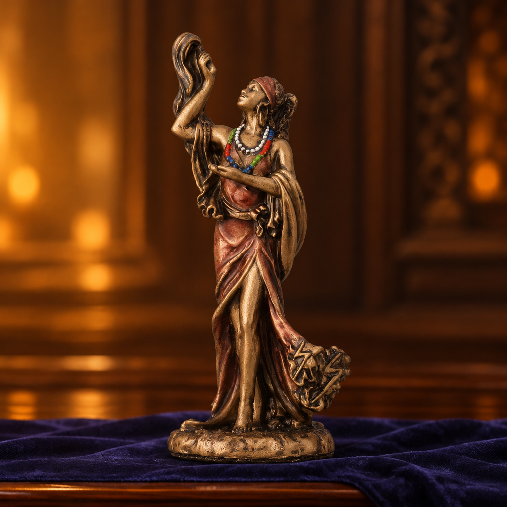 Oya mini orisha statue with a hand-painted bronze finish on a dark wooden altar in candlelight