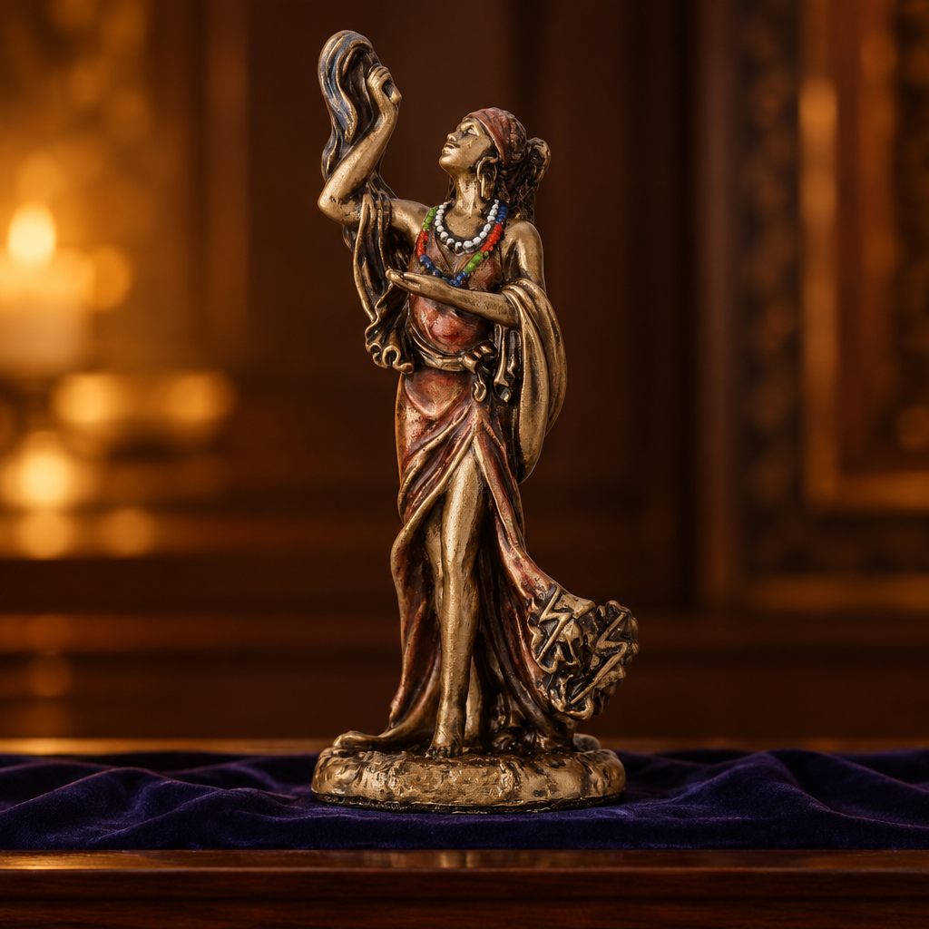 Oya mini orisha statue against deep indigo cloth in golden light