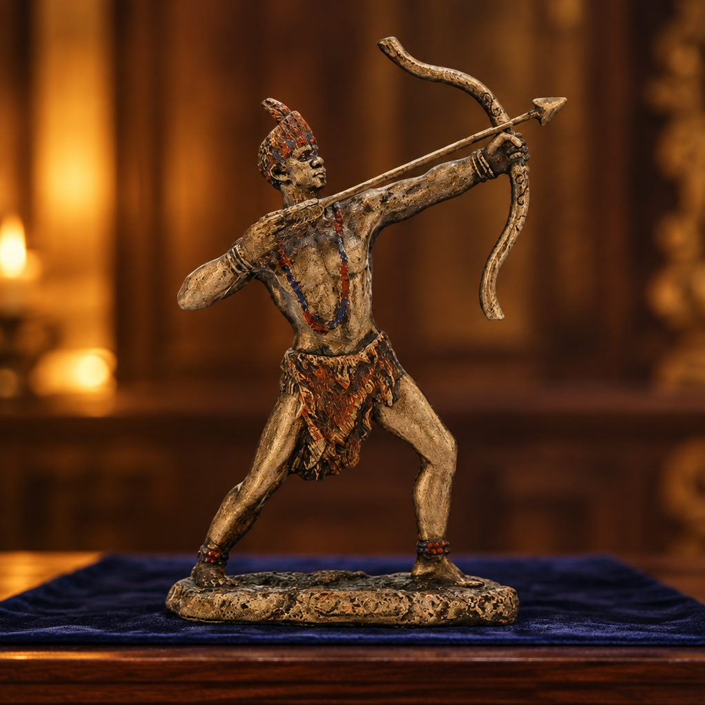 Ochosi mini orisha statue against deep indigo cloth in golden light