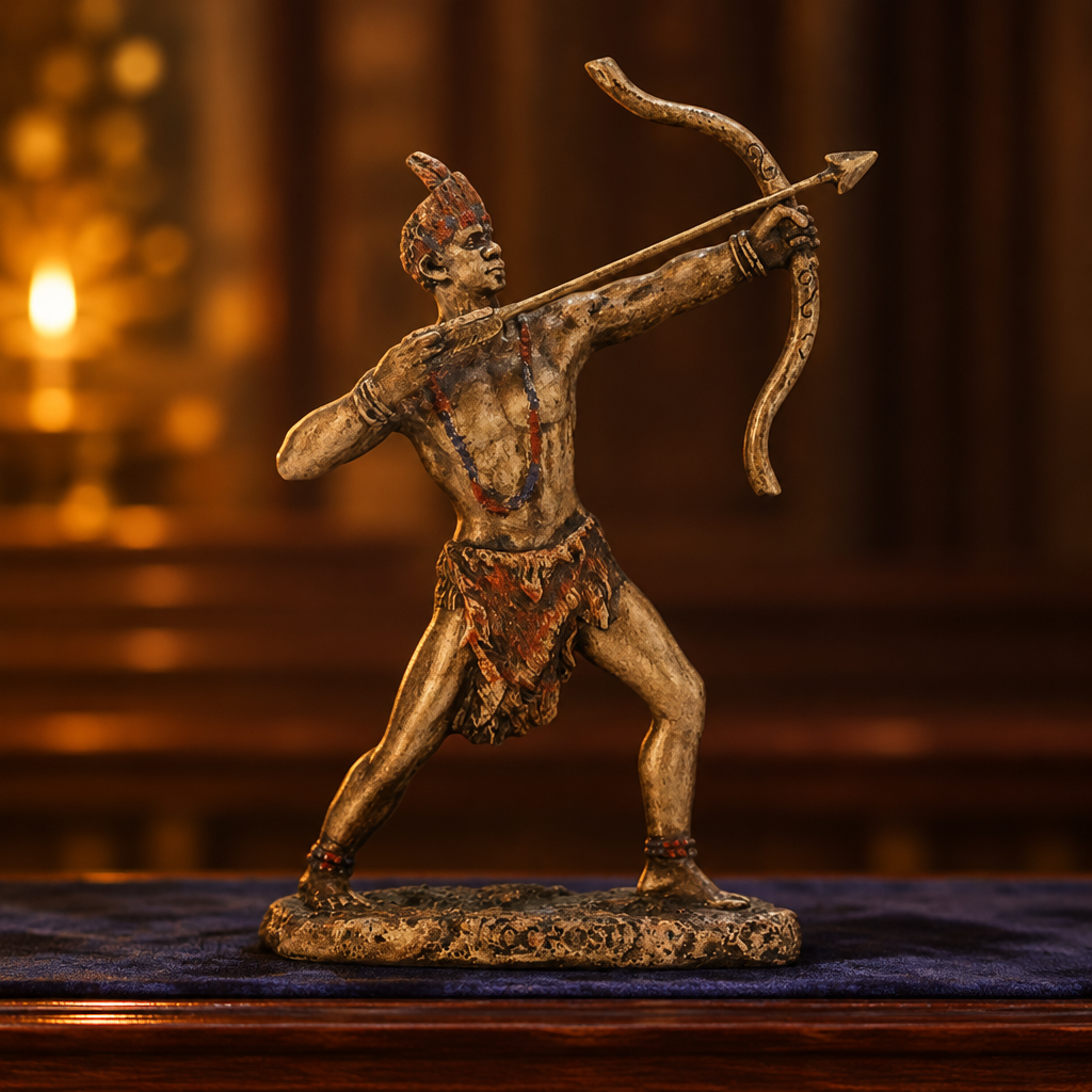 Ochosi mini orisha statue with a hand-painted bronze finish on a dark wooden altar in candlelight