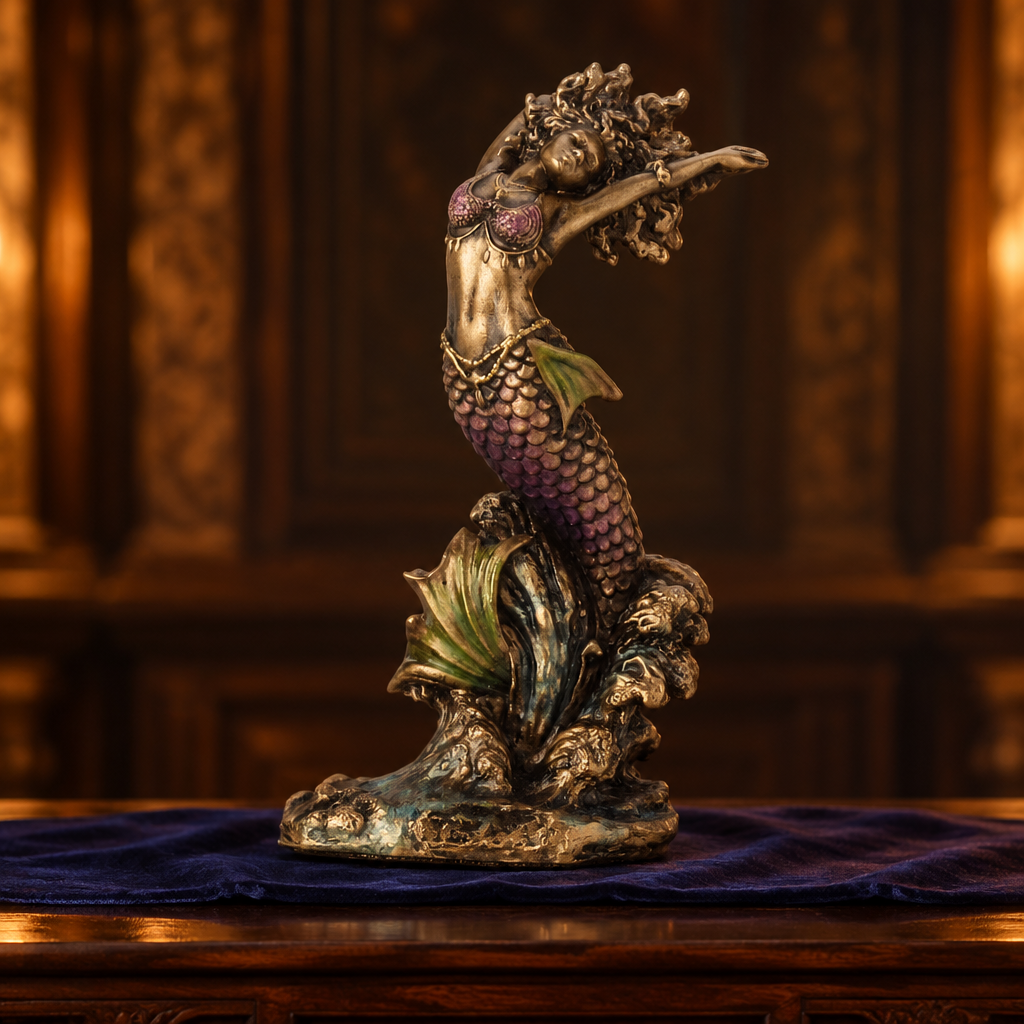 Yemaya mini orisha statue with a hand-painted bronze finish on a dark wooden altar in candlelight