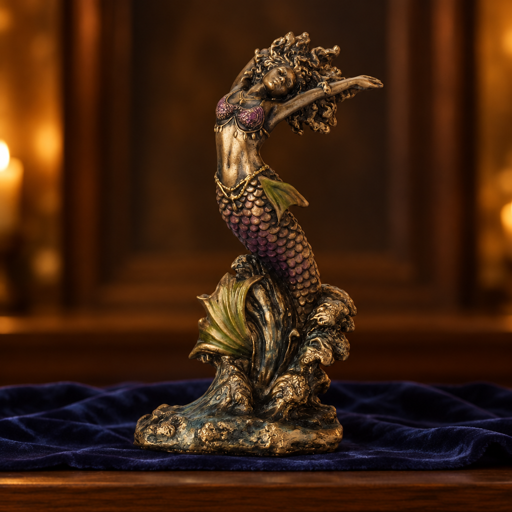 Yemaya mini orisha statue against deep indigo cloth in golden light