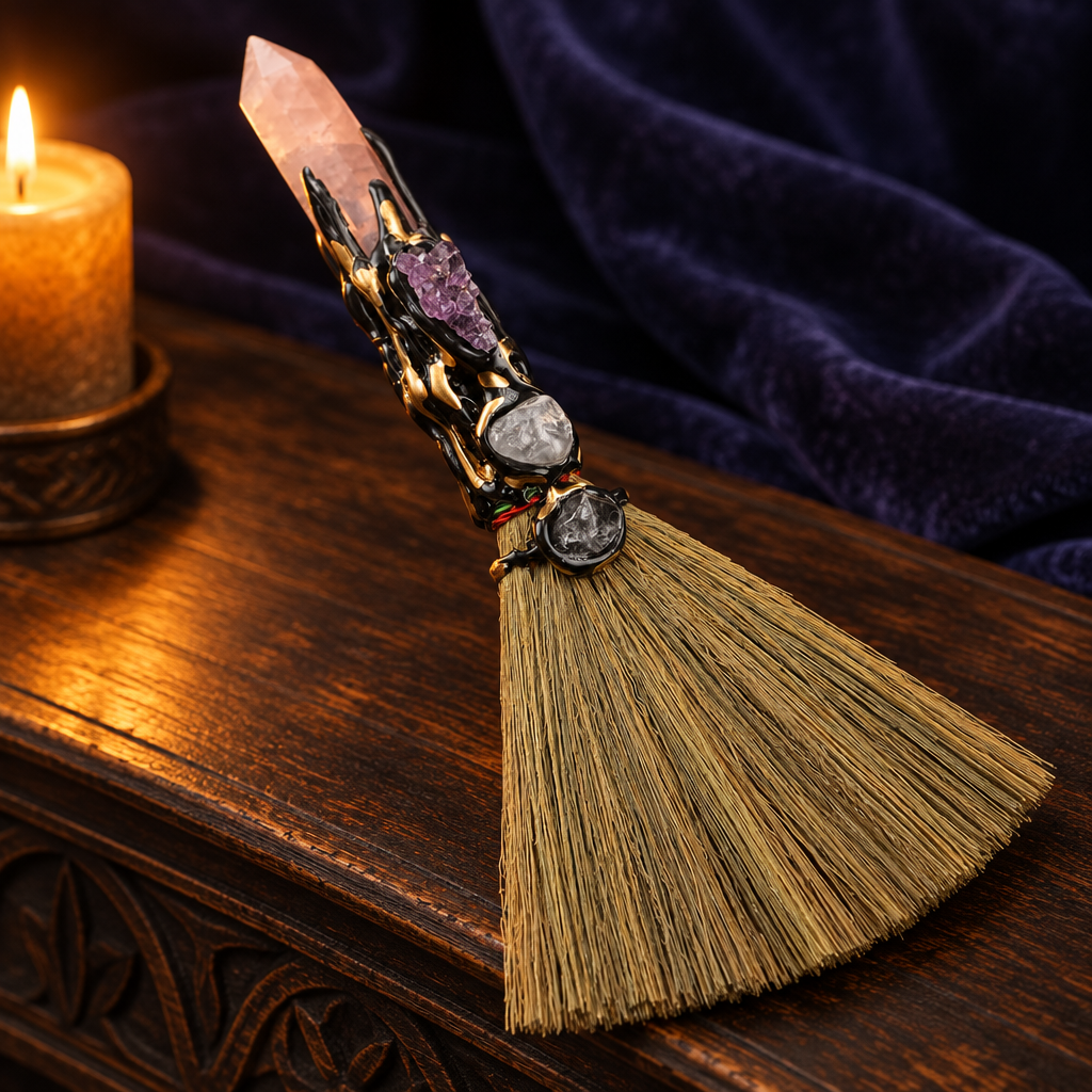 Rose quartz altar besom against deep indigo fabric in golden light