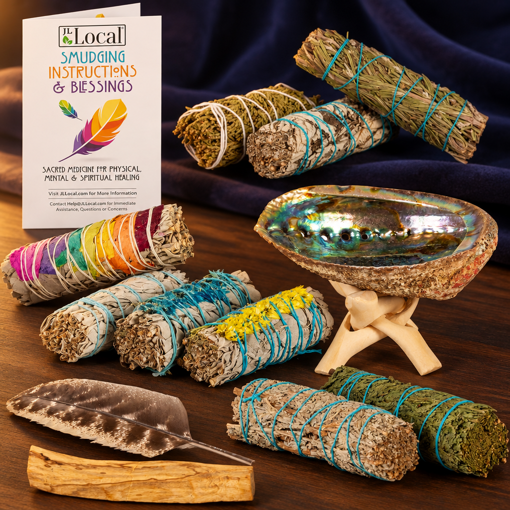Ten-bundle cleansing smudge kit with abalone shell, stand, and feather on a dark wooden surface in warm light