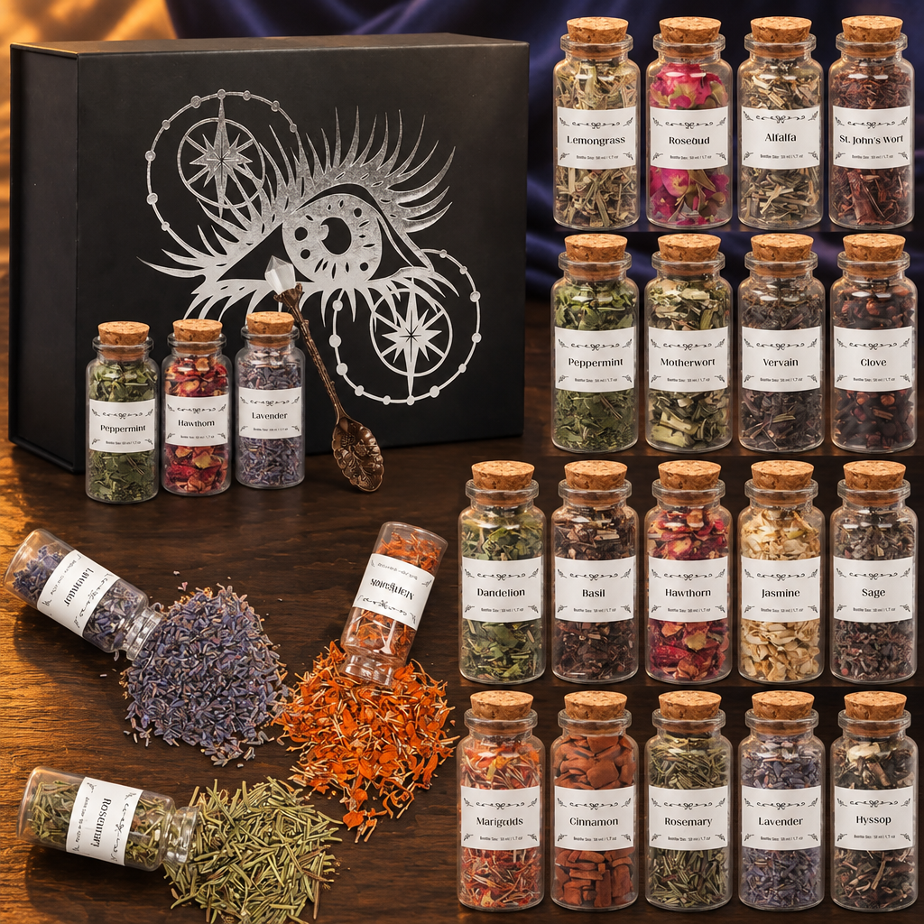 Apothecary herb box with 18 corked vials of dried herbs and flowers on a dark wooden surface