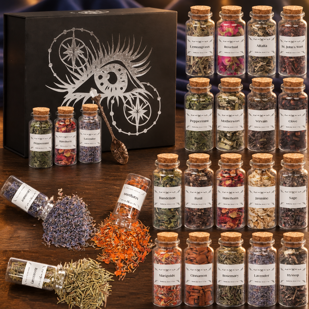 Apothecary herb box styled against deep indigo fabric in golden light