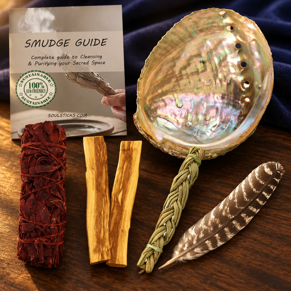 Healer's smudge kit styled against deep indigo fabric in golden light