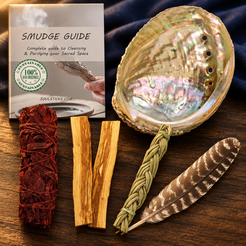 Healer's smudge kit with dragon's blood sage, palo santo, sweetgrass, abalone shell, and feather on a dark wooden surface