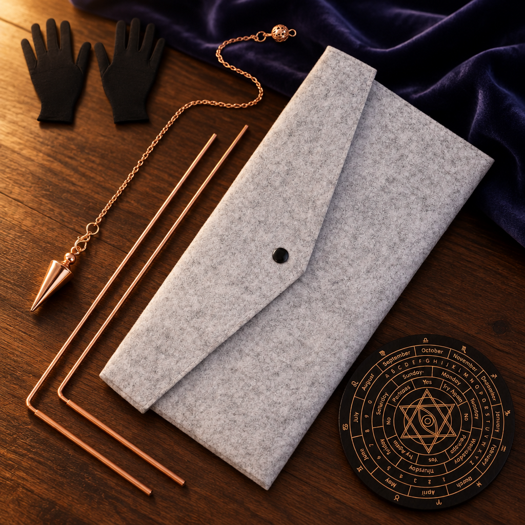 Copper dowsing rod and pendulum divination kit with engraved wooden board on a dark wooden surface