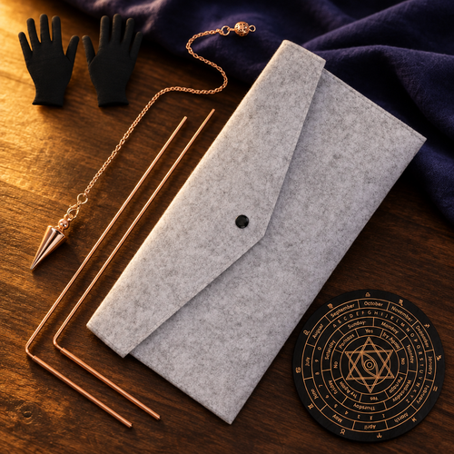Copper dowsing and pendulum kit styled against deep indigo fabric in golden light