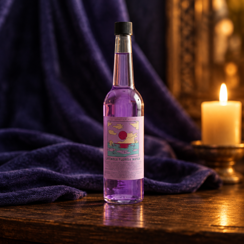 Lavender Florida Water bottle with an amethyst stone on a dark wooden altar in candlelight
