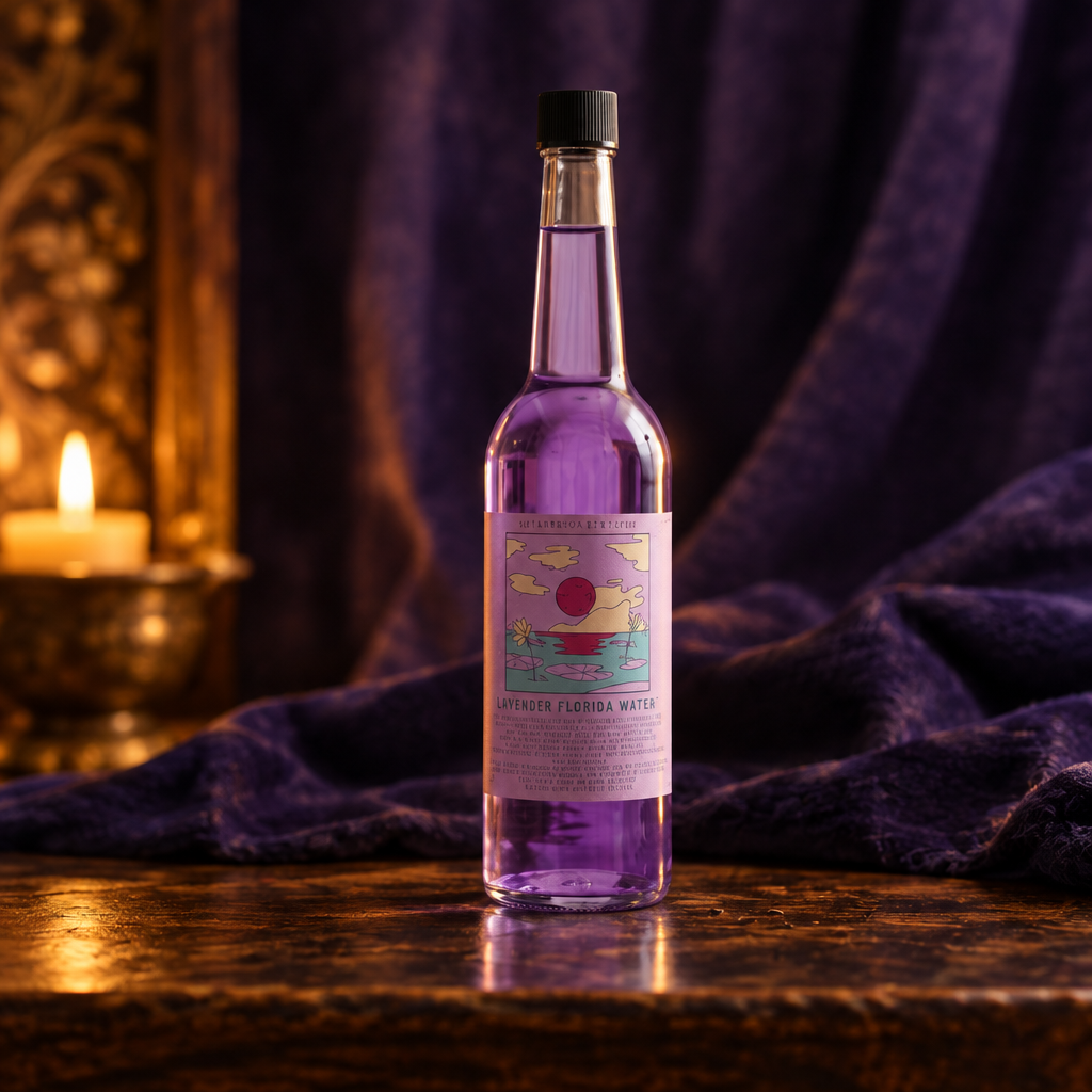 Lavender Florida Water against deep indigo fabric in golden light