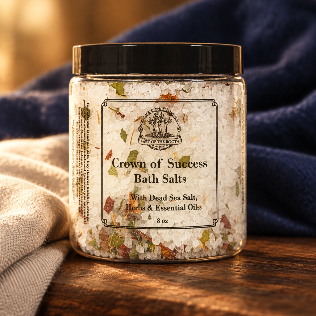 Crown of Success bath salts styled against deep indigo fabric in golden light