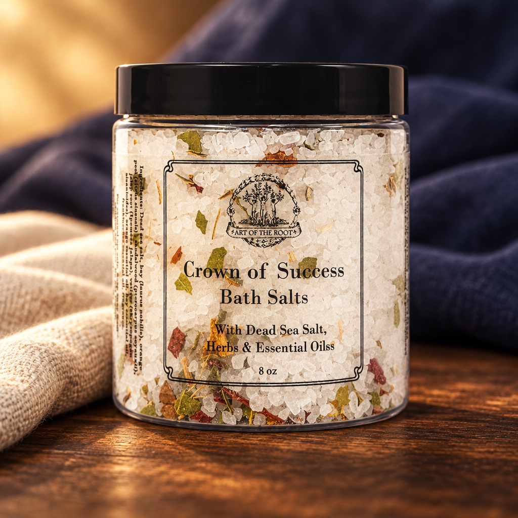 Crown of Success ritual bath salts beside a soft linen towel on a dark wooden surface