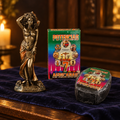 Oshun 7 African Powers altar set: statue, incense, and ritual soap on a dark wooden altar in candlelight