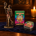 Oya 7 African Powers altar set: statue, incense, and ritual soap on a dark wooden altar in candlelight