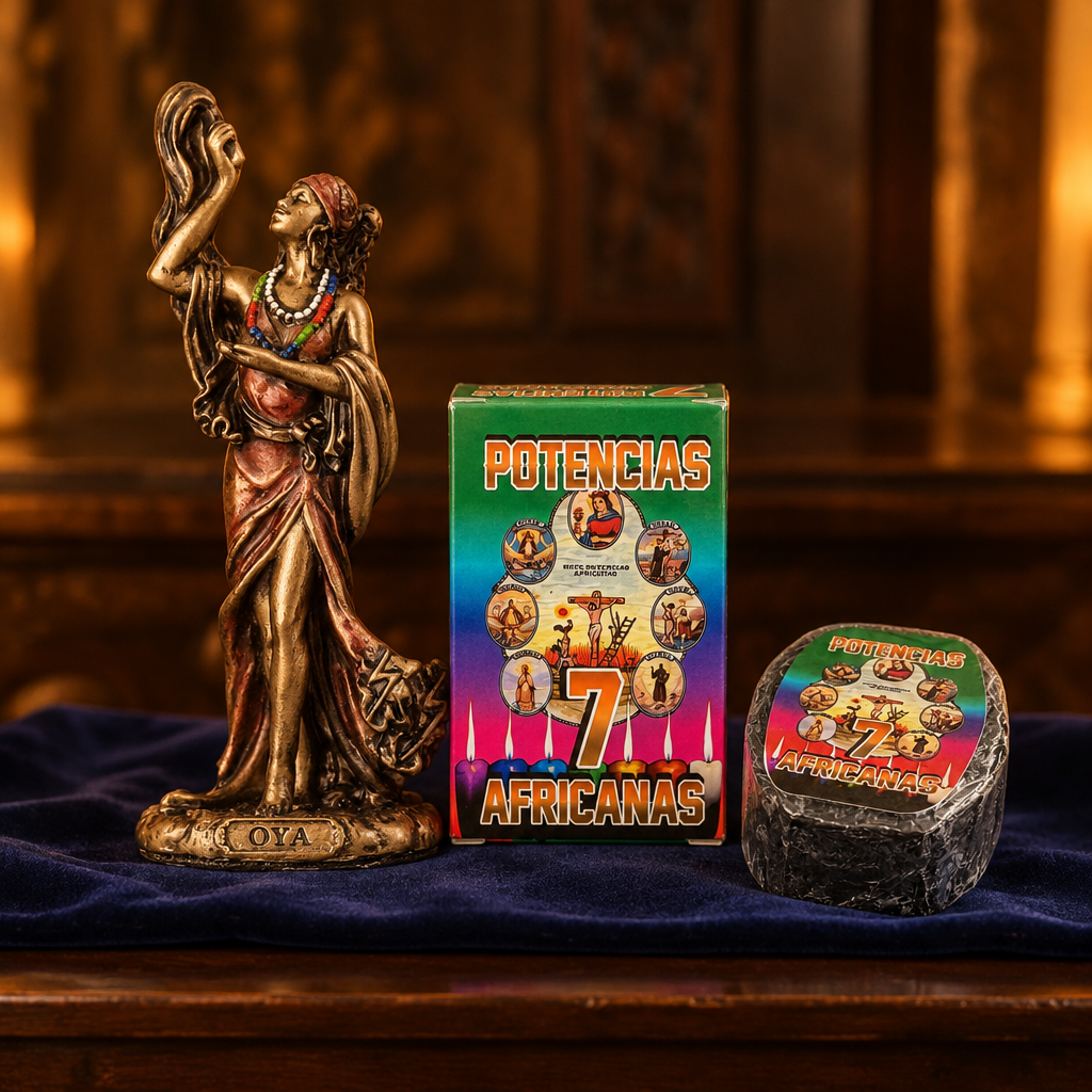 Oya altar set styled against deep indigo cloth in golden light