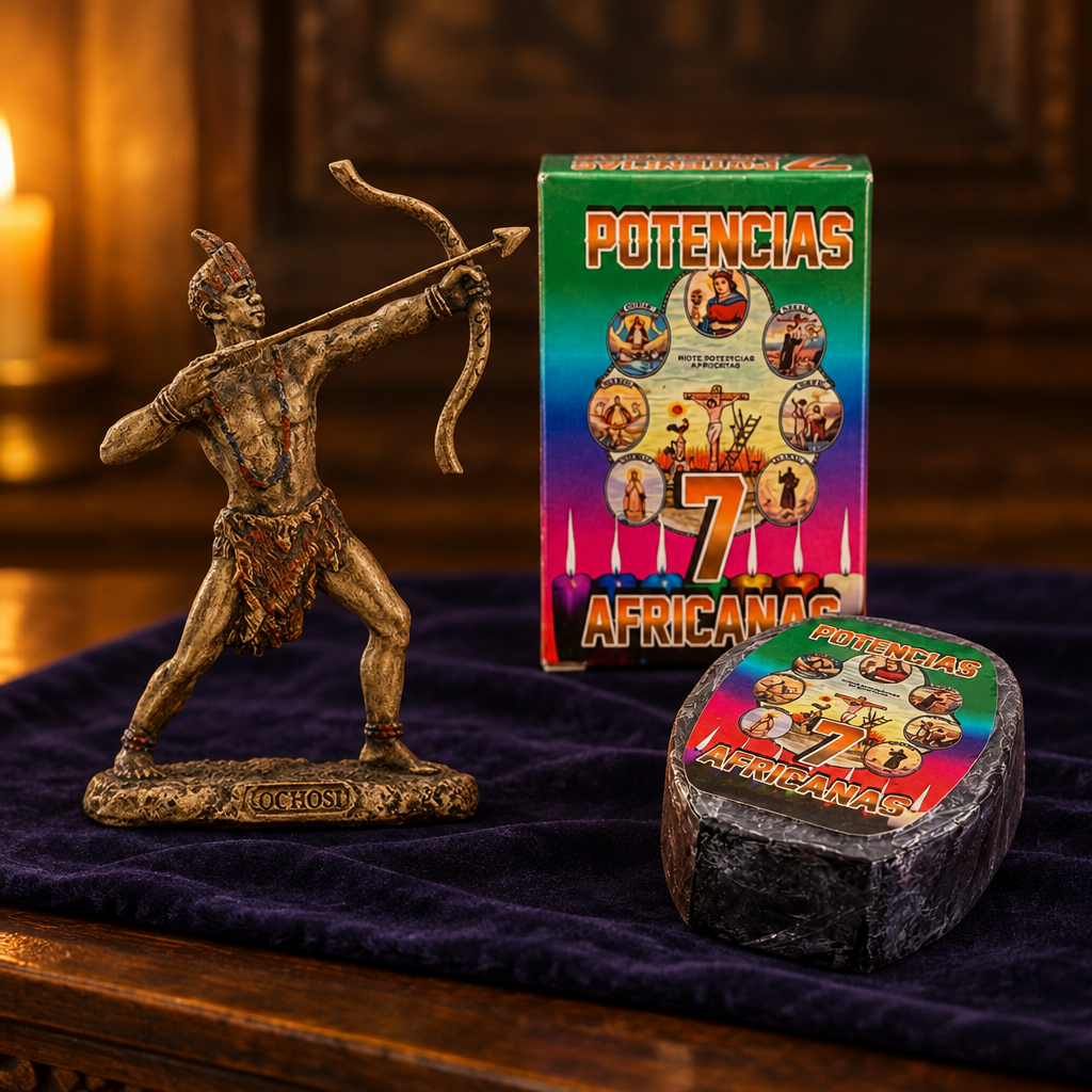 Ochosi 7 African Powers altar set: statue, incense, and ritual soap on a dark wooden altar in candlelight