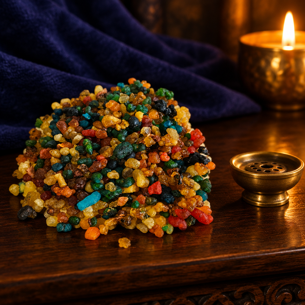 7 African Powers incense on a dark wooden altar with a heat-safe holder in warm candlelight