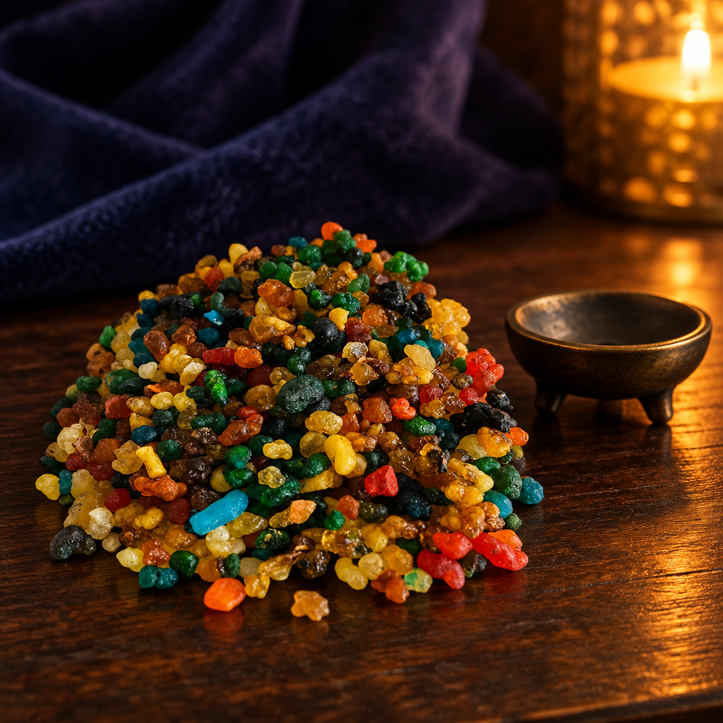 7 African Powers incense styled against deep indigo fabric in golden light